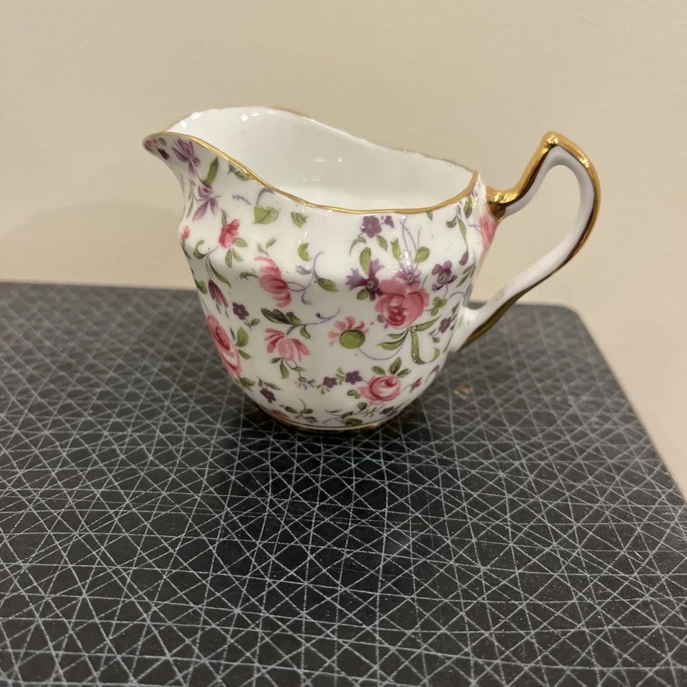 Clarence Bone China Pink Floral Chintz Milk Pitcher, Petite, Gold Trim Handle